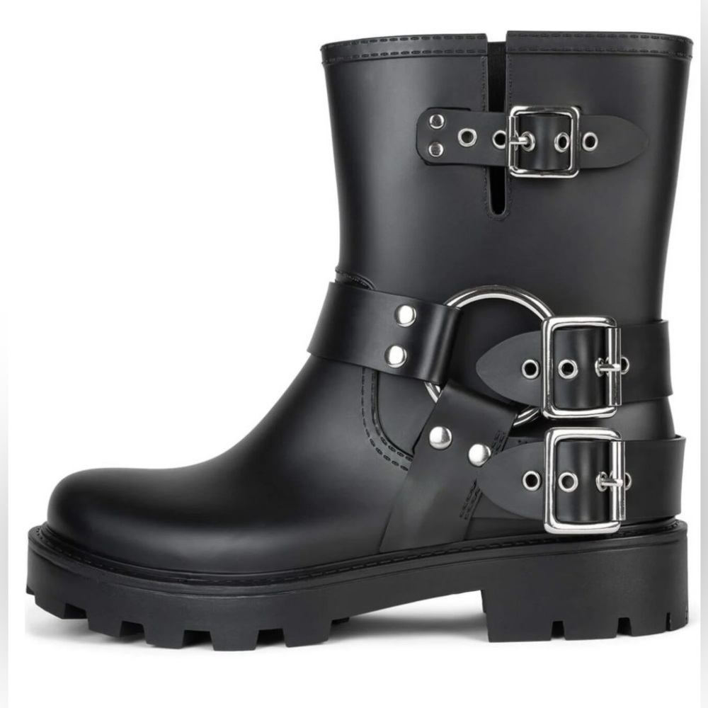 Jeffrey Campbell Black Combat Boots with Silver Buckles
